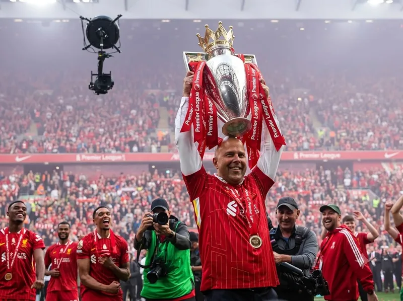 Arne Slot cùng Liverpool ăn mừng chức vô địch Premier League 2024/25.