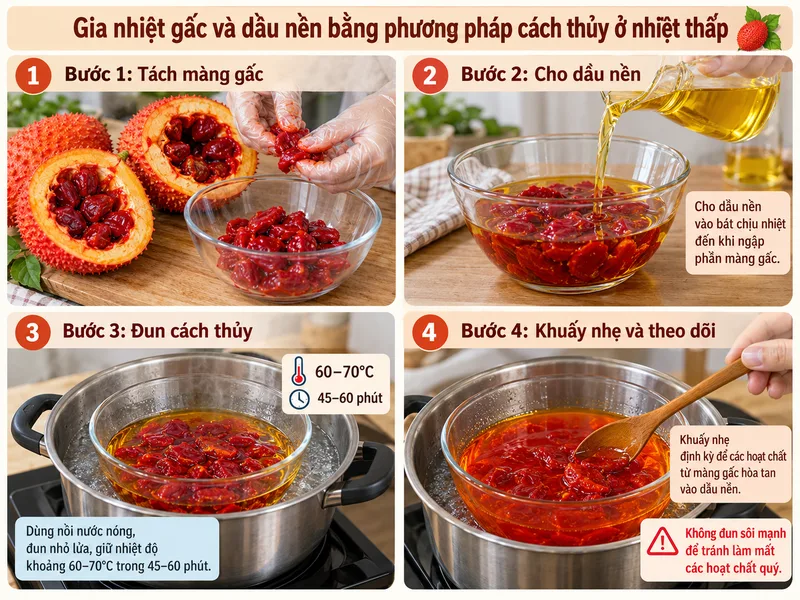 Gia nhiệt gấc và dầu nền bằng phương pháp cách thủy ở nhiệt thấp