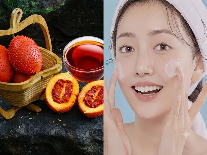 Dầu gấc màu đỏ cam được dùng như một bước dưỡng ẩm cho da